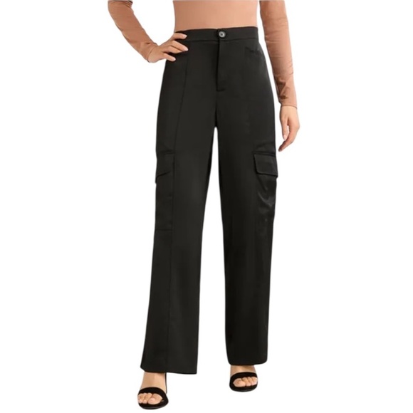 Sofia Vergara Black Satin Cargo Pants Wide Leg Utility Streetwear Chic Dressy - Picture 1 of 16
